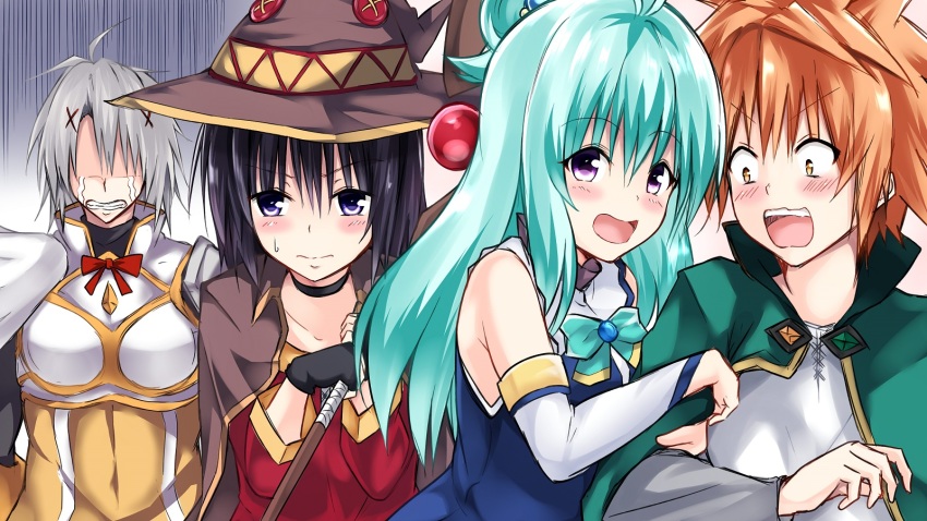 2boys 2girls aqua_(konosuba) aqua_(konosuba)_(cosplay) bare_shoulders black_choker black_gloves black_hair blue_dress blush bow bowtie brown_cape brown_hat cape choker clinging commentary_request cosplay crossdressing crying darkness_(konosuba) darkness_(konosuba)_(cosplay) dress fingerless_gloves gloves green_bow green_bowtie green_cape green_hair grey_hair hair_ornament hat highres holding holding_staff kirisaki_kyouko_(toloveru) kono_subarashii_sekai_ni_shukufuku_wo! long_hair long_sleeves megumin megumin_(cosplay) multiple_boys multiple_girls open_mouth orange_eyes orange_hair purple_eyes run_elsie_jewelria satou_kazuma satou_kazuma_(cosplay) short_hair spiked_hair staff streaming_tears sweatdrop tatsuno_(saya-tatsuno) tears to_love-ru upper_body witch_hat x_hair_ornament yuuki_rito zastin_deviluke