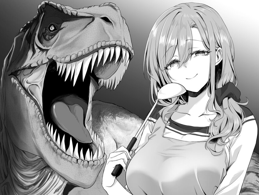 1girl apron breasts childhood_friend&#039;s_mother_(pensis_x) closed_mouth collarbone dinosaur greyscale hair_between_eyes hair_ornament hair_scrunchie highres holding holding_ladle ladle long_hair monochrome open_mouth original pensis_x scrunchie shirt smile upper_body