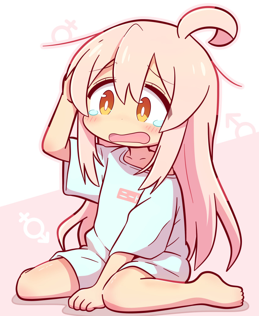 1girl absurdres ahoge blush blush_stickers brown_eyes chibi hair_between_eyes hand_on_own_head highres long_hair male-female_symbol mars_symbol newbear onii-chan_wa_oshimai! open_mouth oyama_mahiro pink_hair shirt short_sleeves shorts single_off_shoulder sitting solo venus_symbol wariza white_shirt