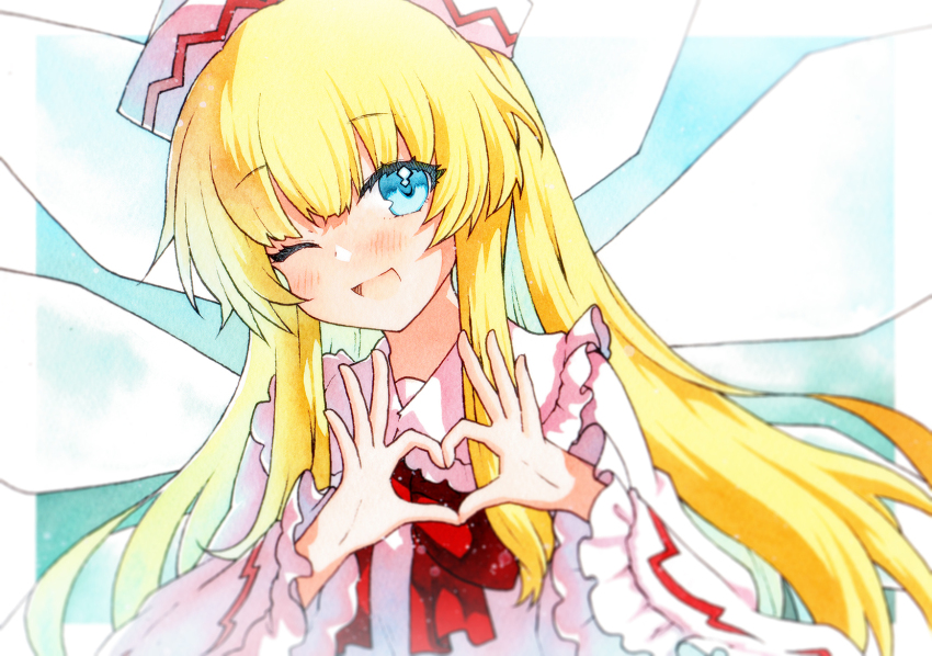 1girl ;d blonde_hair blue_eyes blurry blush border bow bowtie eyebrows_hidden_by_hair fairy four-finger_heart_hands frilled_shirt_collar frilled_sleeves frills hat heart heart_hands highres lily_white long_hair long_sleeves looking_at_viewer one_eye_closed open_mouth red_bow red_bowtie rinka_(qqqrinkappp) smile solo touhou transparent_wings upper_body very_long_hair white_border wide_sleeves