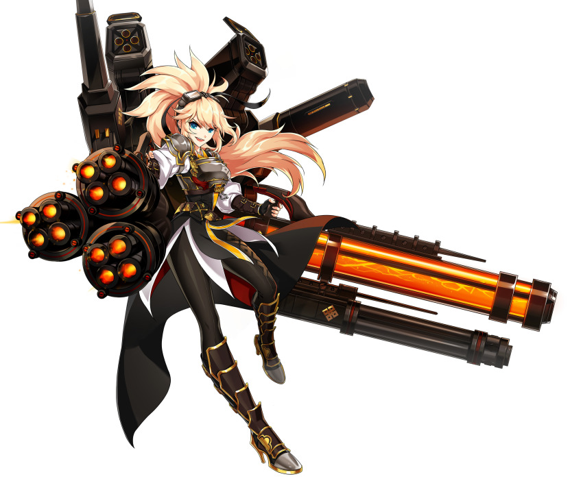1girl :d armor artist_request black_boots black_gloves black_pantyhose blonde_hair blue_eyes boots elsword fingerless_gloves full_body gloves goggles goggles_on_head gun highres knee_boots long_hair looking_at_viewer machine_gun messy_hair official_art open_mouth pantyhose rose_(elsword) shirt smile solo storm_trooper_(elsword) weapon