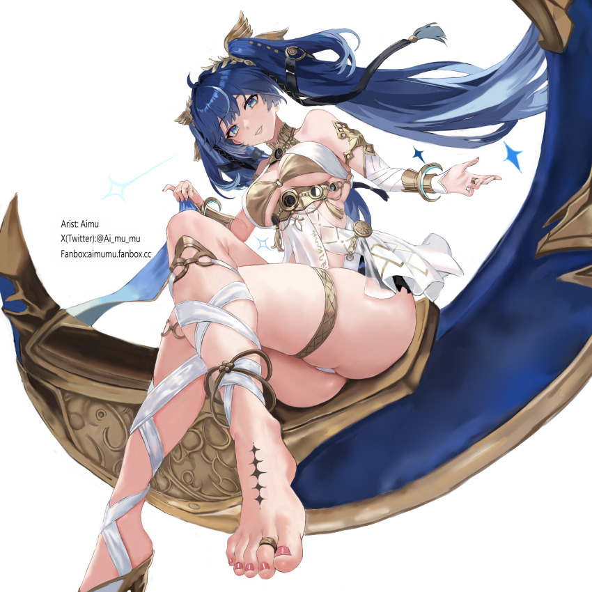 1girl absurdres aimu_(angry9565) ancient_greek_clothes artist_name ass bare_shoulders barefoot blue_eyes blue_hair breasts commentary crossed_legs from_below gold_bra greco-roman_clothes hair_belt head_wreath highres iuno_(wuthering_waves) jewelry long_hair looking_at_viewer medium_breasts parted_lips simple_background single_bare_foot smile solo thighlet thighs toe_ring toenails toes twintails underboob white_background wuthering_waves