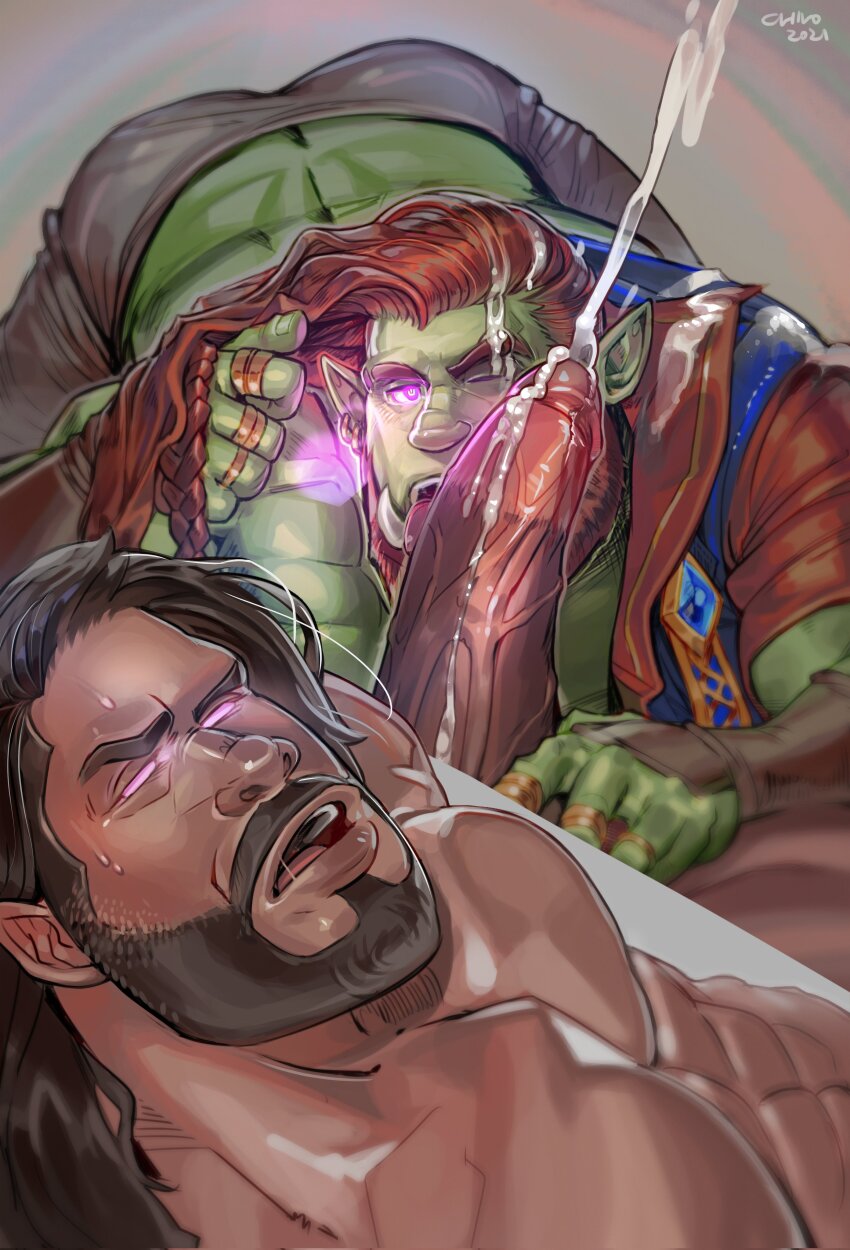 2boys absurdres agatio_(lostpander) ass bara beard blank_eyes bozorg_(theorcbard) chivo_(kalchivo) clothed_male_nude_male colored_sclera colored_skin commission couple cum cum_on_body dark-skinned_male dark_skin erection facial facial_hair fellatio full_beard glowing glowing_eyes green_skin highres interspecies jewelry large_pectorals large_penis licking licking_penis long_hair looking_at_viewer magic male_focus mature_male monster_boy multiple_boys multiple_rings multiple_views muscular muscular_male nude oral orc original pectorals penis pov pov_crotch projectile_cum purple_sclera ring second-party_source solo_focus sweat thick_beard thick_eyebrows topless_male torogao tusks uncensored veins veiny_crotch veiny_penis yaoi