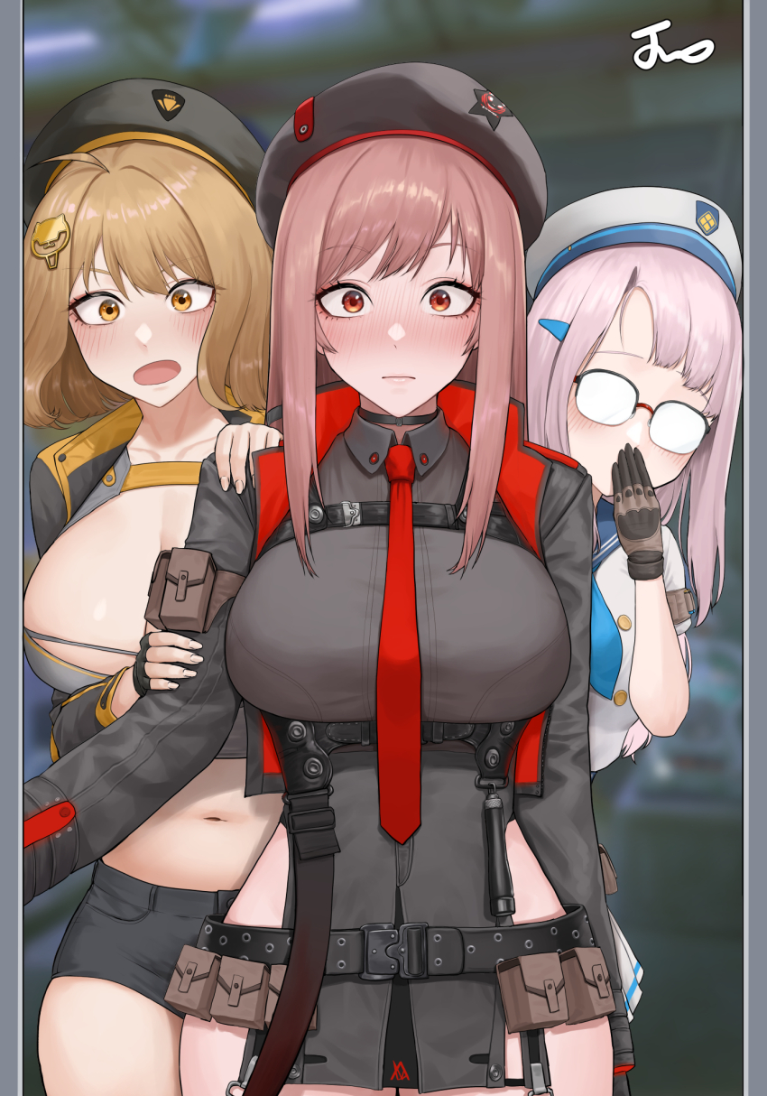 3girls ahoge anis_(nikke) arm_pouch belt_pouch beret black_gloves black_jacket black_thighhighs blush breasts brown_eyes brown_hair cleavage collarbone collared_leotard commentary counters_(nikke) covering_own_mouth cropped_jacket embarrassed glasses gloves goddess_of_victory:_nikke grey_hair hair_ornament hat highres jacket large_breasts long_hair long_sleeves looking_at_viewer multiple_girls navel necktie neon_(nikke) noorung open_mouth pouch rapi_(nikke) red_eyes red_necktie short_hair surprised thighhighs thighs two-tone_gloves