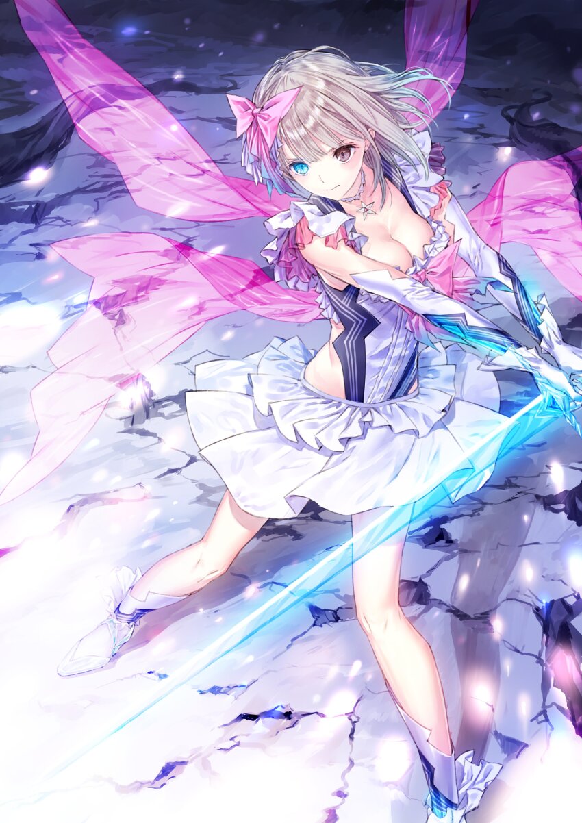 1girl 3: absurdres blonde_hair blue_eyes blue_reflection_(series) blue_reflection_maboroshi_ni_mau_shoujo_no_ken boots breasts brown_eyes cleavage elbow_gloves gloves glowing glowing_weapon heterochromia highres holding holding_weapon jewelry kishida_mel magical_girl medium_breasts necklace official_art pleated_skirt ribbon ring shirai_hinako short_hair skirt solo sword v-shaped_eyebrows weapon