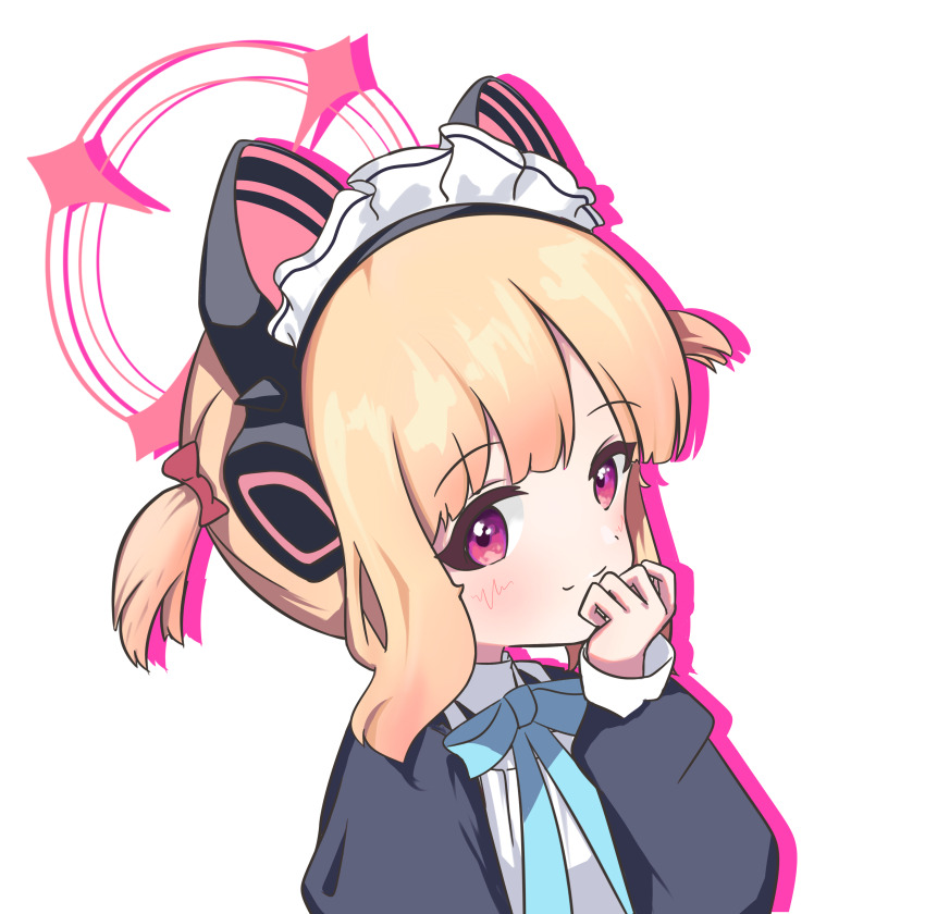 1girl absurdres animal_ear_headphones animal_ears apron aqua_bow aqua_bowtie black_dress blonde_hair blue_archive blush bow bowtie cat_ear_headphones cat_ears closed_mouth collared_dress colored_shadow contrast_collar covering_own_mouth curled_fingers dot_nose dress drop_shadow fake_animal_ears hair_bow halo hand_over_own_mouth hand_up headphones highres huajiao long_sleeves looking_at_viewer looking_to_the_side maid maid_apron maid_headdress momoi_(blue_archive) momoi_(maid)_(blue_archive) official_alternate_costume official_alternate_hairstyle pink_eyes pink_halo puffy_long_sleeves puffy_sleeves red_bow shadow short_hair sidelocks sideways_glance simple_background smile smug solo split_mouth twintails upper_body white_apron white_background white_headdress