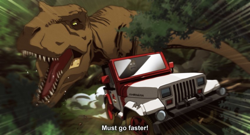 1boy animification car dinosaur dmitry_grozov emphasis_lines english_text fake_screenshot fleeing highres jeep_wrangler jurassic_park military_jeep motor_vehicle parody sports_utility_vehicle style_parody tagme tyrannosaurus_rex vehicle_chase vehicle_focus