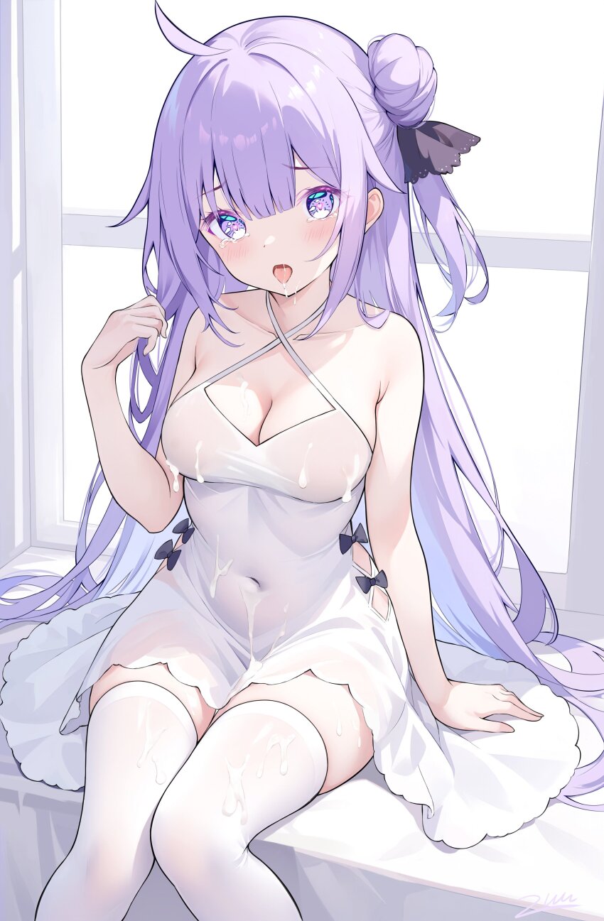 1girl absurdres ahoge arm_support armpit_crease artist_name azur_lane breasts cleavage collarbone covered_navel criss-cross_halter dress feet_out_of_frame hair_bun hair_ribbon halter_dress halterneck head_tilt highres knees_together_feet_apart large_breasts light_blush looking_at_viewer parted_lips purple_eyes purple_hair purple_ribbon ribbon signature single_side_bun sitting sleeveless sleeveless_dress thighhighs unicorn_(azur_lane) white_dress white_thighhighs window zettai_ryouiki zuu_(qq770463651)