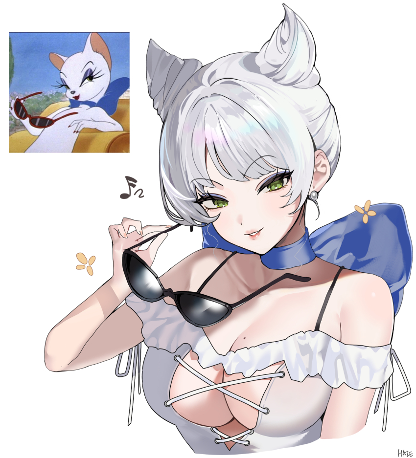 1girl animal_ears blue_bow blue_bowtie bow bowtie breasts cat_ears cat_girl cleavage cropped_torso dress green_eyes haze_(ohw8g) highres holding holding_removed_eyewear large_breasts makeup parted_lips personification photo-referenced reference_photo short_hair simple_background solo spaghetti_strap sunglasses tom_and_jerry toodles_galore unworn_eyewear white_background white_dress white_hair