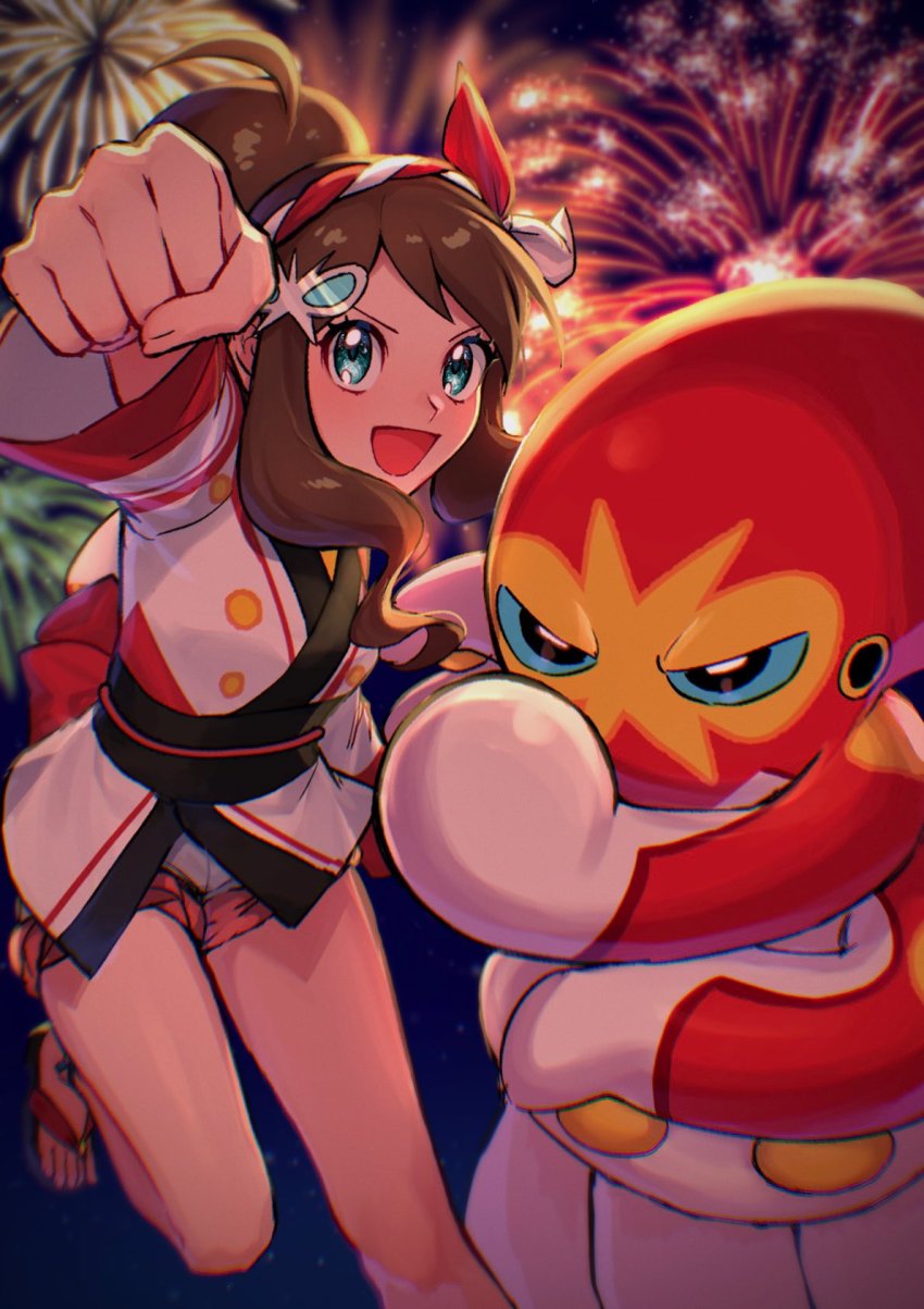 1girl :d aqua_eyes blurry brown_hair clenched_hand commentary_request eyelashes fireworks gen_8_pokemon grapploct hair_ornament hairband hairclip happy highres hilda_(pokemon) hilda_(summer_2022)_(pokemon) jacket leg_up night nintendo official_alternate_costume open_mouth outdoors pokemon pokemon_(creature) pokemon_masters_ex sandals sash shuri_(riri_shu) sky smile toes white_jacket
