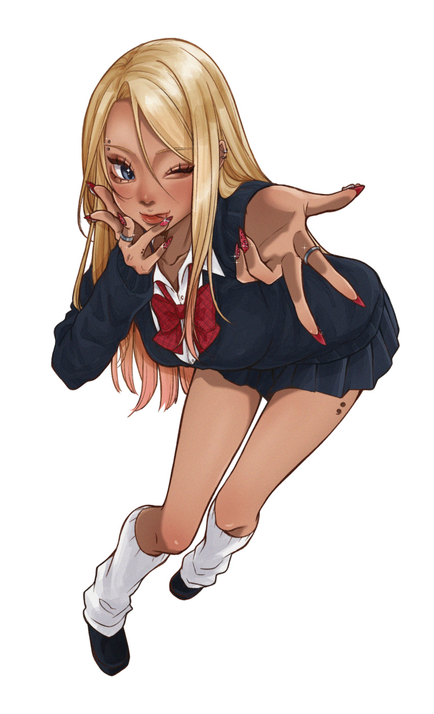 1girl ;p absurdres black_cardigan black_shoes black_skirt blonde_hair blue_eyes bow bowtie breasts cardigan collared_shirt dark-skinned_female dark_skin dress_shirt ear_piercing eyebrow_piercing finger_piercing fingernails full_body gyaru gyaru_v hair_between_eyes highres irasutoya irasutoya_challenge jewelry kogal leaning_forward leg_tattoo loafers long_fingernails long_hair long_sleeves looking_at_viewer loose_socks medium_breasts miniskirt nail_art one_eye_closed piercing plaid_bow plaid_bowtie plaid_clothes pleated_skirt red_bow red_bowtie red_nails ring school_uniform semi852 shirt shoes simple_background skirt socks solo sparkle tattoo thick_lips tongue tongue_out v very_long_hair white_background white_shirt wing_collar