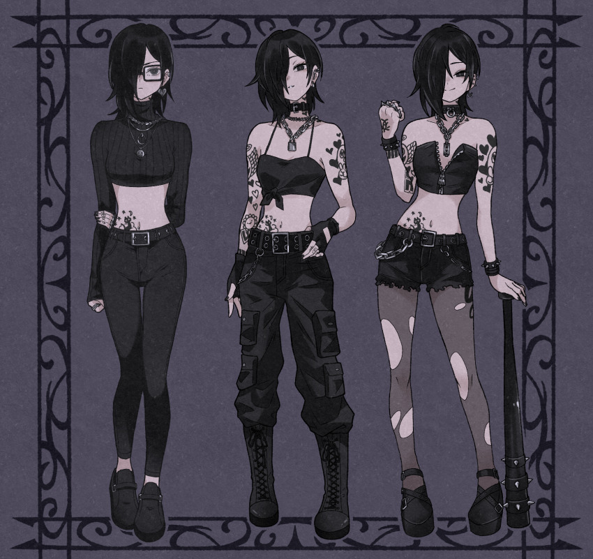 1girl ankle_cuffs arm_tattoo bare_shoulders baseball_bat black_boots black_choker black_hair black_shoes black_shorts boots brass_knuckles choker cosplay costume_switch crop_top full_body glasses hair_over_one_eye highres medium_hair multiple_views navel original pantyhose shoes shorts smile spikes standing stomach_tattoo sushi_pizza_rrr tattoo torn_clothes torn_pantyhose weapon