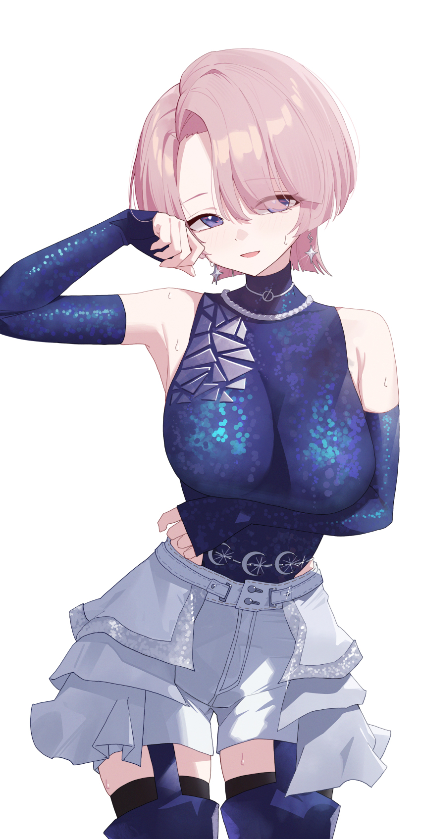 1girl absurdres arimura_mao armpits blue_eyes blue_shirt blue_thighhighs breasts gakuen_idolmaster highres idolmaster large_breasts pink_hair revealing_clothes shirt short_hair shorts sleeveless sleeveless_shirt solo sukaliya sweat thighhighs thighs white_shorts
