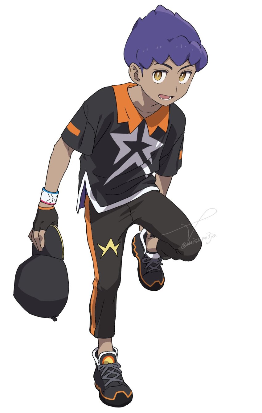 1boy :d adjusting_footwear black_hat bright_pupils creatures_(company) dark-skinned_male dark_skin dynamax_band full_body game_freak hat highres holding holding_unworn_clothes holding_unworn_hat hop_(champion)_(pokemon) hop_(pokemon) leg_up looking_at_viewer lower_teeth_only male_focus nintendo official_alternate_costume open_mouth pants pokemon pokemon_masters_ex purple_hair sankaku shirt shoes short_hair short_sleeves signature simple_background smile sneakers solo teeth unworn_hat unworn_headwear white_background white_pupils yellow_eyes