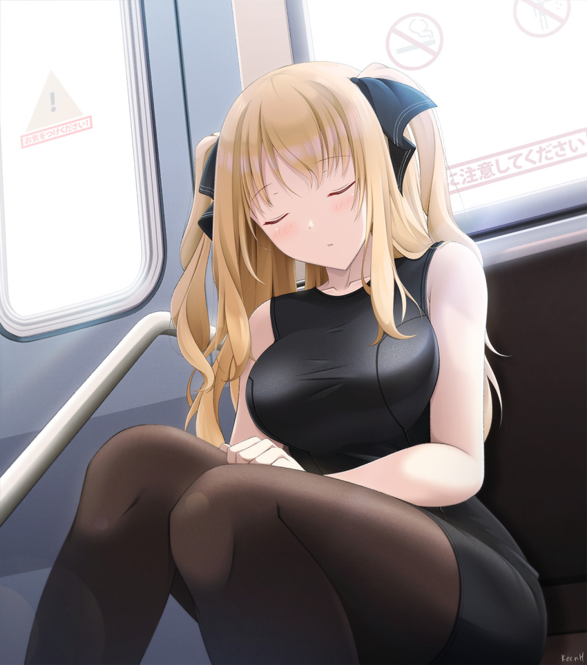 1girl ao_no_kanata_no_four_rhythm bare_arms black_dress black_pantyhose black_ribbon blonde_hair breasts collarbone dress hair_ribbon highres keenh large_breasts leather long_hair medium_breasts no_smoking pantyhose ribbon satouin_reiko short_dress sign sleeping solo train_interior warning_sign