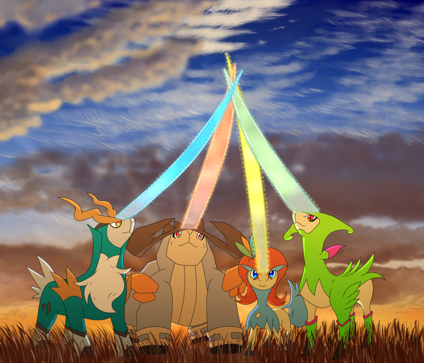 :&lt; artist_request cobalion energy_sword everyone full_body gen_5_pokemon glowing glowing_sword glowing_weapon grass highres horns keldeo keldeo_(resolute) legendary_pokemon looking_up mythical_pokemon nature nintendo no_humans pokemon pokemon_(creature) sacred_sword_(pokemon) sky smile standing sword tail terrakion virizion weapon white_fur yellow_eyes