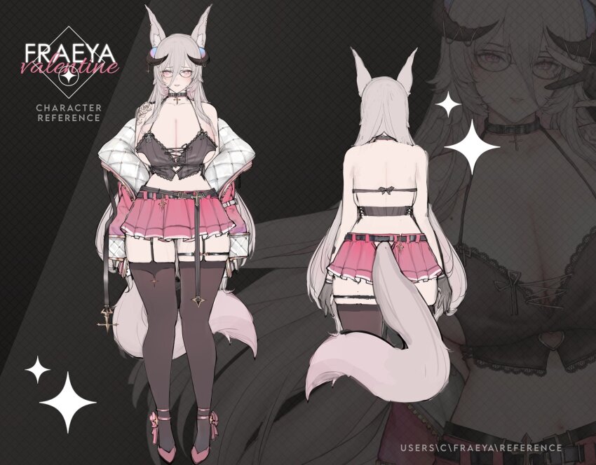 animal_ears breasts reference_sheet fluffy fraeya_(vtuber) highres large_breasts layneimarktwo long_hair original pink_hair second-party_source tail virtual_youtuber wolf