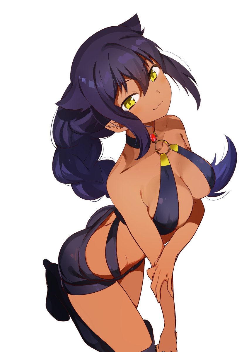 16:9 1girl :3 absurdres arched_back artist_request ass bikini bikini_top_only black_boots boots braid breasts cleavage closed_mouth collarbone dark-skinned_female dark_skin female_focus from_above gem hair_flaps halterneck hand_on_own_arm highres jahy jahy-sama_wa_kujikenai! long_hair looking_at_viewer looking_up medium_breasts o-ring o-ring_bikini o-ring_top purple_bikini purple_hair purple_shorts shorts sidelocks simple_background single_braid solo swimsuit thigh_boots thighhighs thighs v-shaped_eyebrows very_long_hair white_background