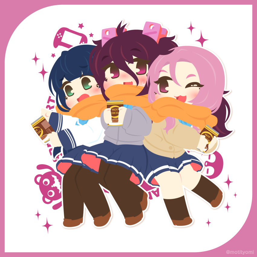 3girls battle_girl_high_school blue_hair blush border brown_pantyhose brown_shoes chibi chibi_only controller game_controller green_eyes hair_between_eyes highres hot_chocolate kusunoki_asuha motyomi multiple_girls one_eye_closed open_mouth orange_scarf pantyhose pink_border pink_hair scarf serizawa_renge shared_clothes shared_scarf shoes sparkle tsubuzaki_anko