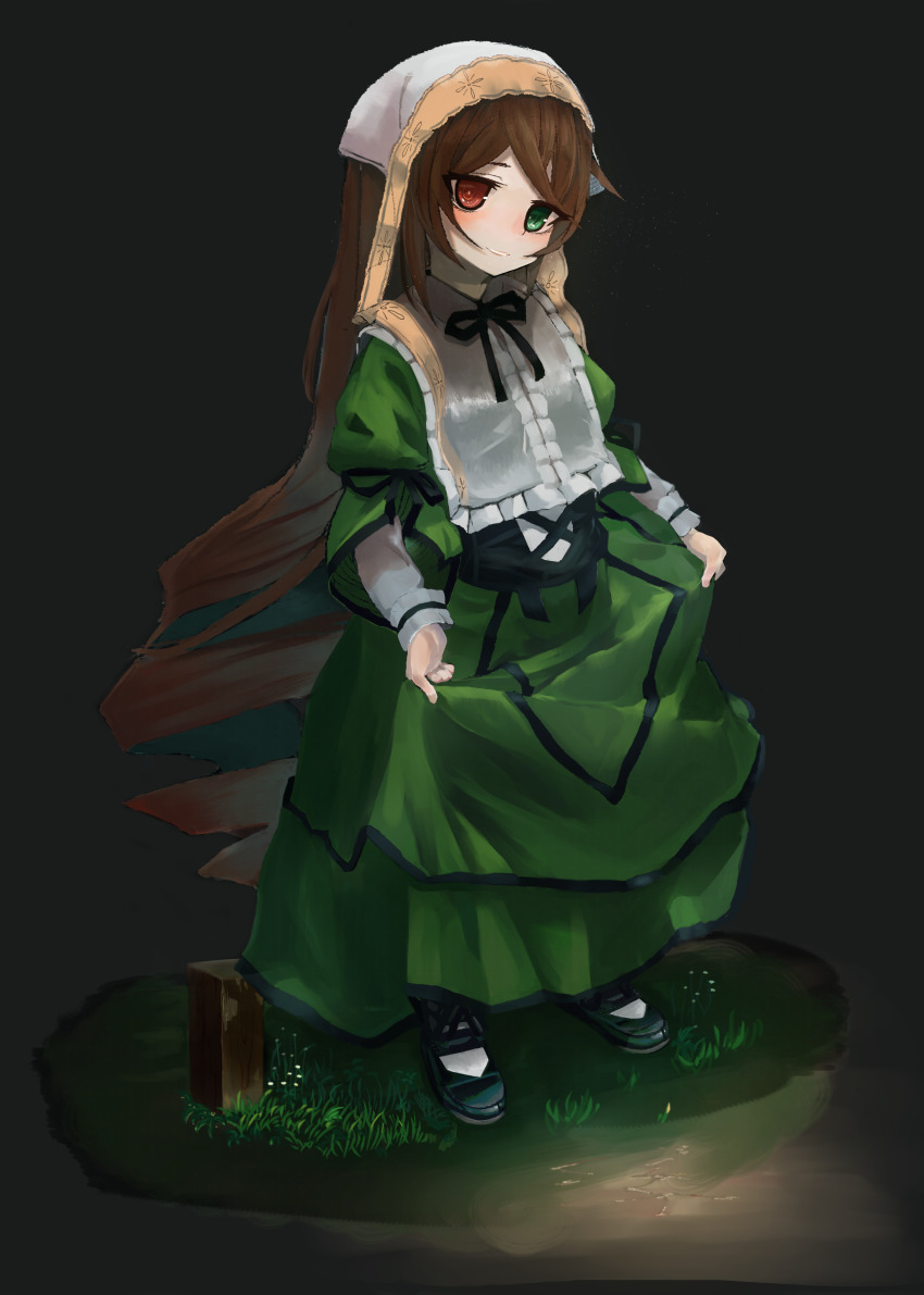 1girl absurdres black_shoes brown_hair dress full_body grass green_dress green_eyes headscarf heterochromia highres hihihihihip5p5r long_hair long_sleeves red_eyes rozen_maiden shoes skirt_hold smile solo standing suiseiseki transparent_background very_long_hair white_headscarf