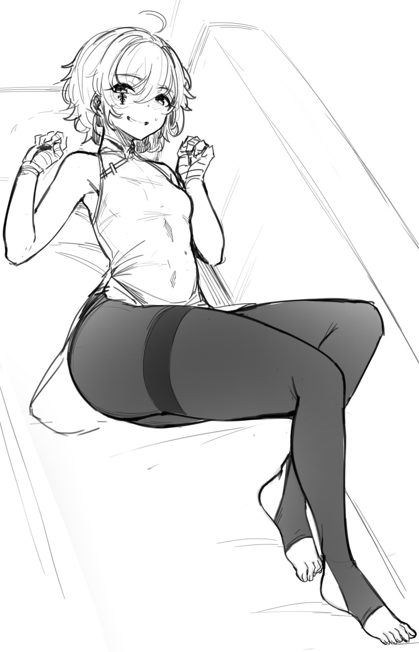 1girl ahegao bandaged_hand bandages black_pantyhose breasts china_dress chinese_clothes ciel_(greenopi) couch covered_navel cross_tattoo dot_nose dress facial_tattoo greenopi highres looking_at_viewer off_shoulder on_couch original pantyhose pelvic_curtain short_hair sleeveless sleeveless_dress small_breasts smile solo tattoo thighband_pantyhose