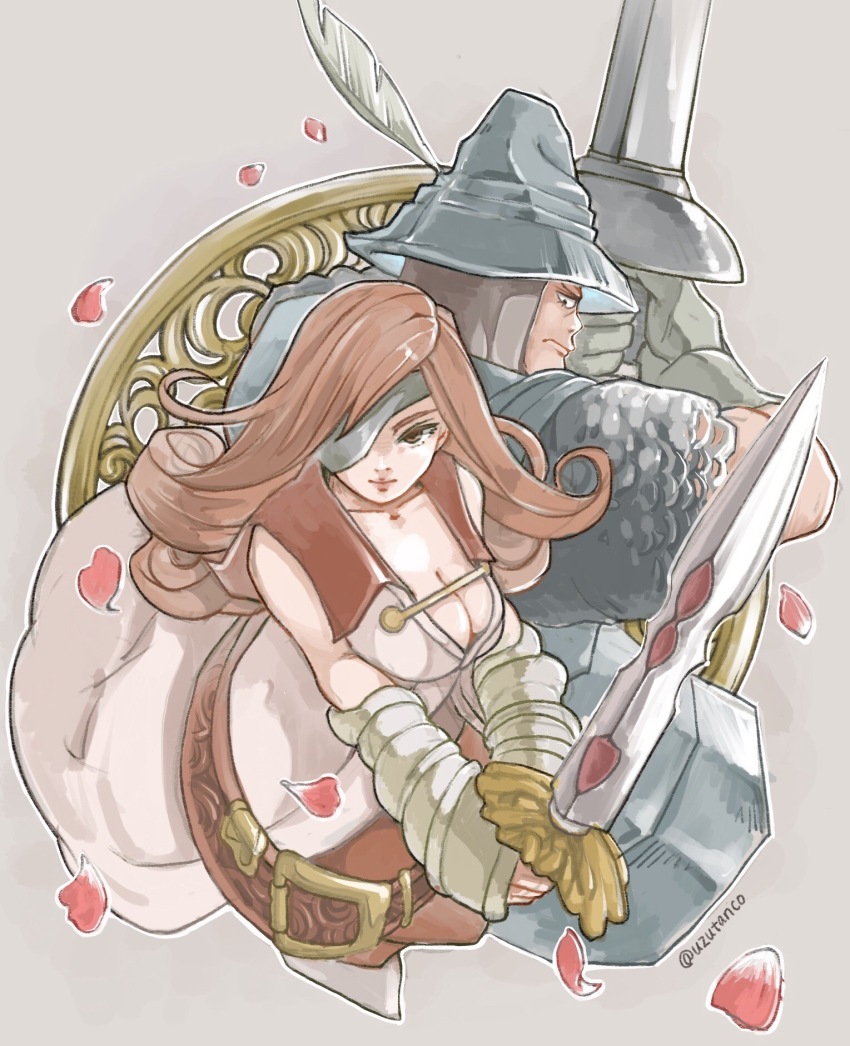 1boy 1girl adelbert_steiner armor bad_id bad_pixiv_id beatrix belt breasts brown_eyes brown_hair cleavage commentary_request eyepatch final_fantasy final_fantasy_ix gloves highres large_breasts long_hair save_the_queen sword uzutanco weapon