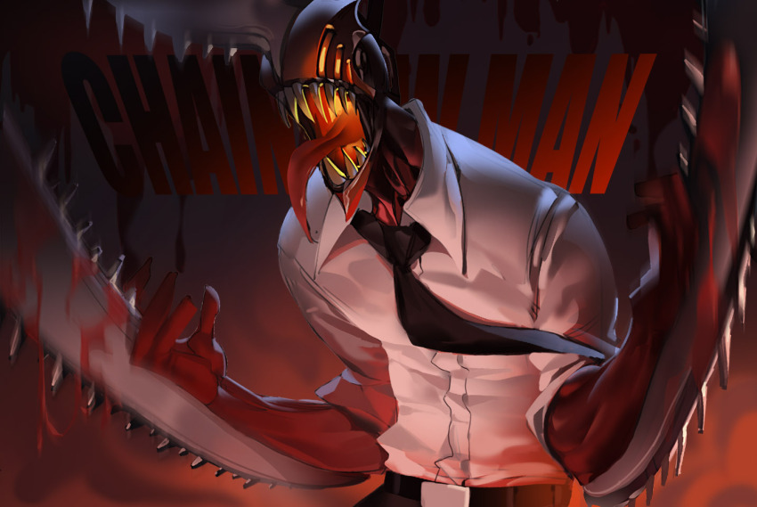 1boy arms_up belt belt_buckle black_belt black_pants blood buckle chainsaw chainsaw_man chinese_commentary collared_shirt commentary_request copyright_name cowboy_shot denji_(chainsaw_man) lfpwrk0vlocrzl4 long_tongue male_focus open_mouth pants sharp_teeth shirt shirt_tucked_in solo standing teeth tongue tongue_out white_shirt wing_collar