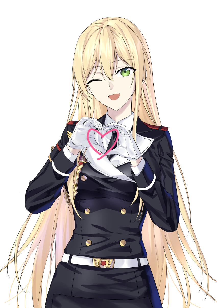 1girl absurdres aiguillette belt black_necktie blonde_hair buttons collared_shirt commentary cowboy_shot double-breasted english_commentary epaulettes german_clothes girls&#039;_frontline gloves green_eyes hair_between_eyes heart heart_hands highres jacket lapels long_hair long_sleeves military military_jacket military_uniform necktie one_eye_closed open_mouth shirt simple_background skirt solo stg44_(girls&#039;_frontline) suprii thighhighs very_long_hair white_background white_belt white_gloves white_shirt