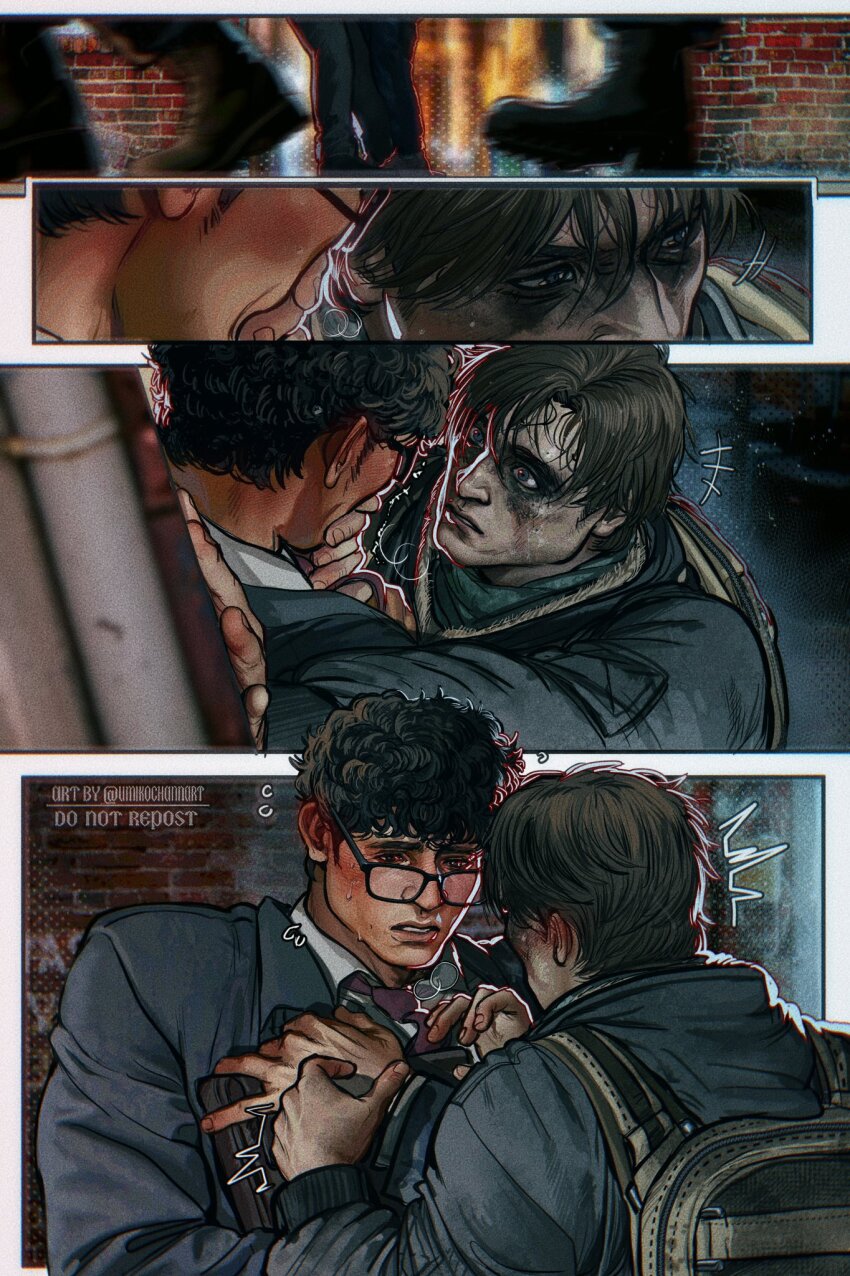 2boys batman_(series) black_hair black_jacket blush bruce_wayne clark_kent closed_mouth dc_comics facepaint highres jacket looking_at_another male_focus multiple_boys necktie outdoors shirt short_hair superman_(series) the_batman_(2022) twitter_username umikochannart white_shirt yaoi