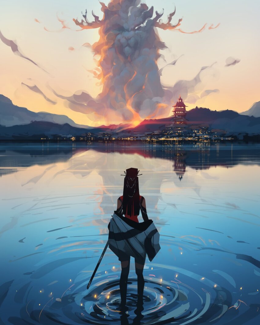 1girl antlers architecture black_hair blue_sky blunt_ends china_dress chinese_clothes clothing_cutout cloud commentary dress east_asian_architecture english_commentary evening from_behind full_body gradient_sky hair_bun hair_ornament hair_stick highres horns japanese_clothes kimono linn_(sam_yang) lion long_hair mountainous_horizon orange_sky original outdoors pagoda red_dress reflection reflective_water ripples sam_yang scabbard scenery sheath shoulder_cutout sky solo sparks standing standing_on_liquid sunset town unworn_kimono water white_kimono wide_shot