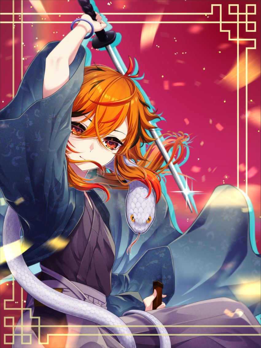 1girl alternate_costume arm_up black_hair black_kimono blue_jacket chinese_zodiac closed_mouth cowboy_shot grey_pants hair_between_eyes hakama hakama_pants haori highres hip_vent holding holding_sword holding_weapon jacket japanese_clothes katana kazami_kuku kimono long_bangs long_hair multicolored_hair nanashi_inc. orange_eyes orange_hair pants pink_background red_hair reona_kfc02 smile snake solo streaked_hair sword textless_version virtual_youtuber weapon white_snake year_of_the_snake
