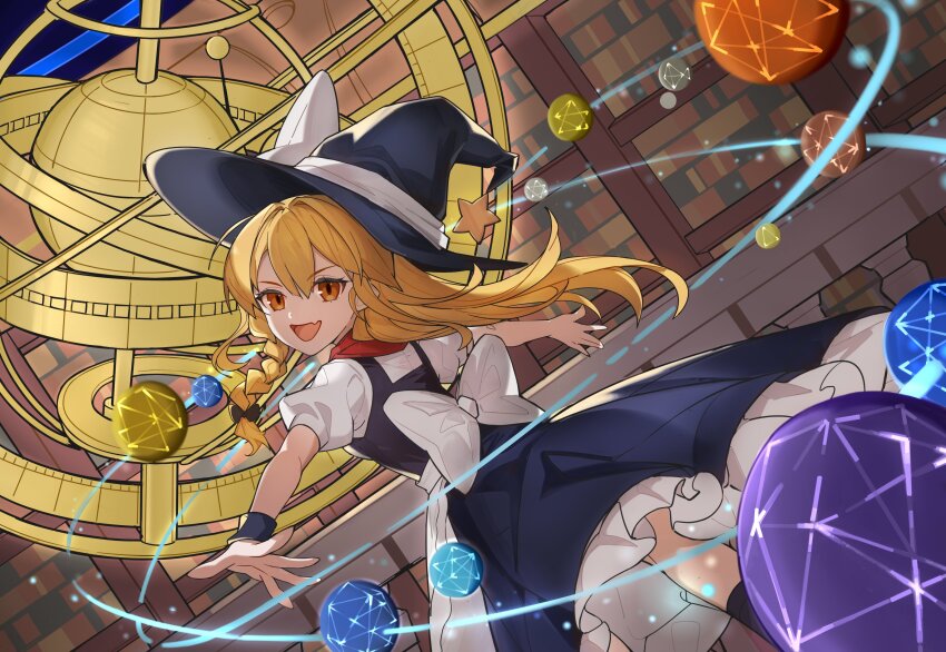 1girl absurdres apron blonde_hair bow braid broom chinese_commentary commentary_request devilkillerx hair_bow hair_tubes hat hat_bow highres kirisame_marisa side_braid single_braid solo touhou touhou_lost_branch_of_legend waist_apron white_bow witch_hat yellow_eyes