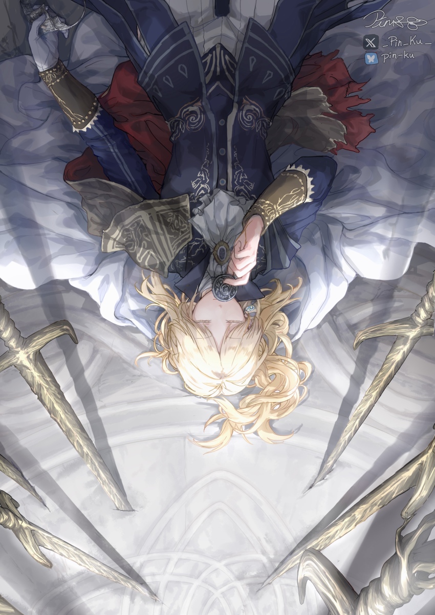 1girl absurdres armor ascot blonde_hair closed_eyes closed_mouth duchess_(elden_ring) elden_ring elden_ring_nightreign gloves highres holding kiss long_hair pin.s ponytail simple_background solo sword weapon white_ascot white_gloves