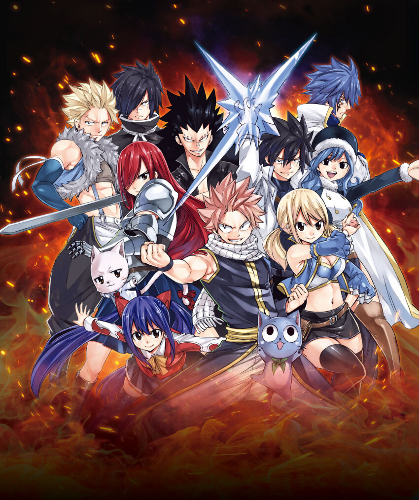 4girls 6+boys arm_up armor bare_shoulders belt black_hair black_skirt black_thighhighs blonde_hair blue_cat blue_gloves blue_hair blue_sleeves breasts brown_belt charle_(fairy_tail) cleavage clenched_hand coat crop_top cropped_vest cryokinesis detached_sleeves elbow_gloves embers erza_scarlet fairy_tail fire fur-trimmed_headwear fur-trimmed_sleeves fur-trimmed_vest fur_trim gajeel_redfox gloves gray_fullbuster hair_over_one_eye happy_(fairy_tail) highres holding holding_sword holding_weapon jellal_fernandes juvia_lockser large_breasts long_hair lucy_heartfilia mashima_hiro midriff multiple_boys multiple_girls natsu_dragneel navel neck_ribbon official_art open_clothes open_vest outstretched_arm outstretched_arms pants pauldrons pink_cat pink_hair purple_hair red_hair red_shirt ribbon rogue_cheney scarf shirt shoulder_armor skirt spread_arms sting_eucliffe sword thighhighs twintails vest weapon wendy_marvell white_coat white_pants white_scarf wristband