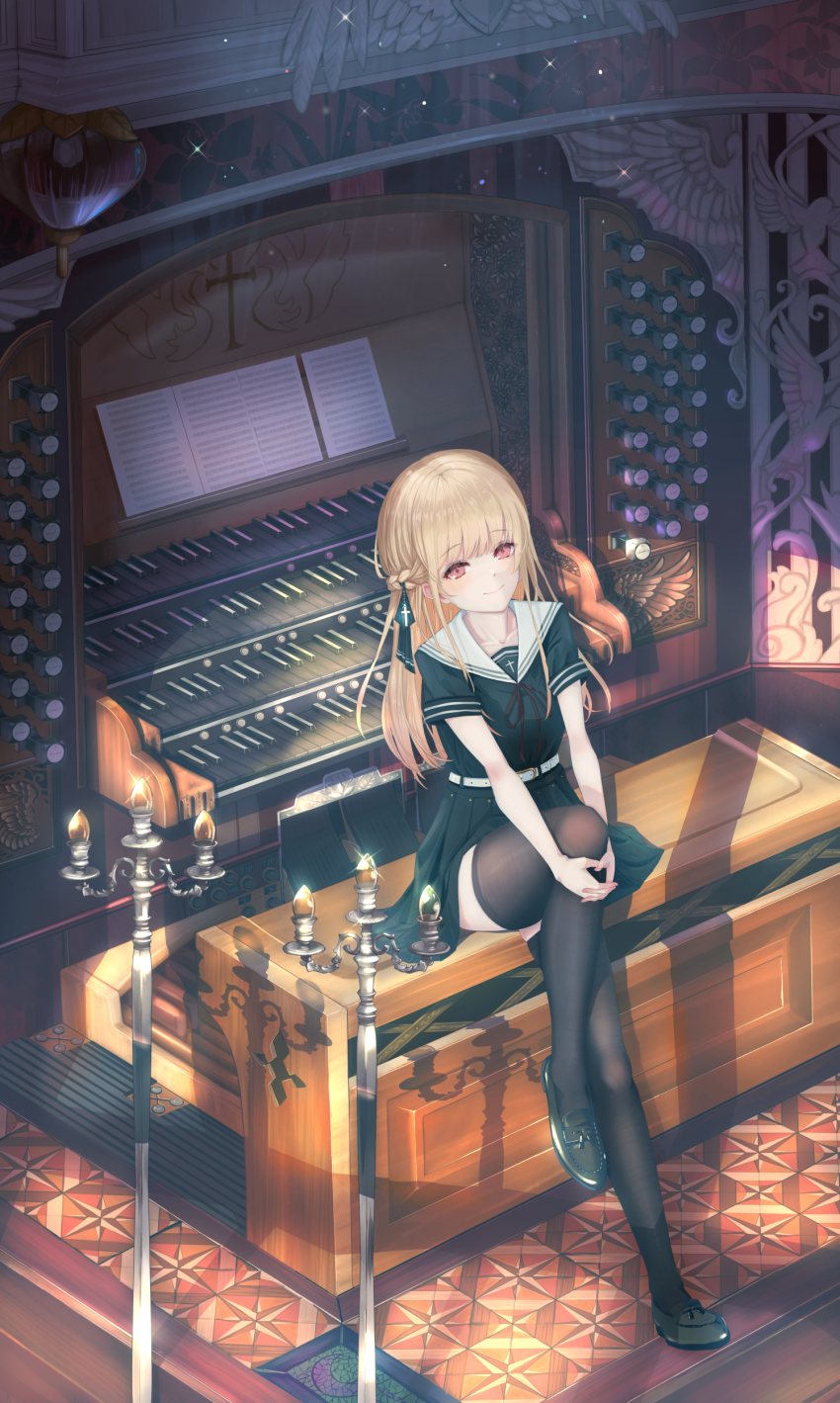 1girl absurdres blonde_hair braid cross cross_earrings earrings french_braid hair_ribbon highres instrument ito_lab jewelry long_hair organ_(instrument) original red_eyes ribbon school_uniform serafuku smile solo thighhighs