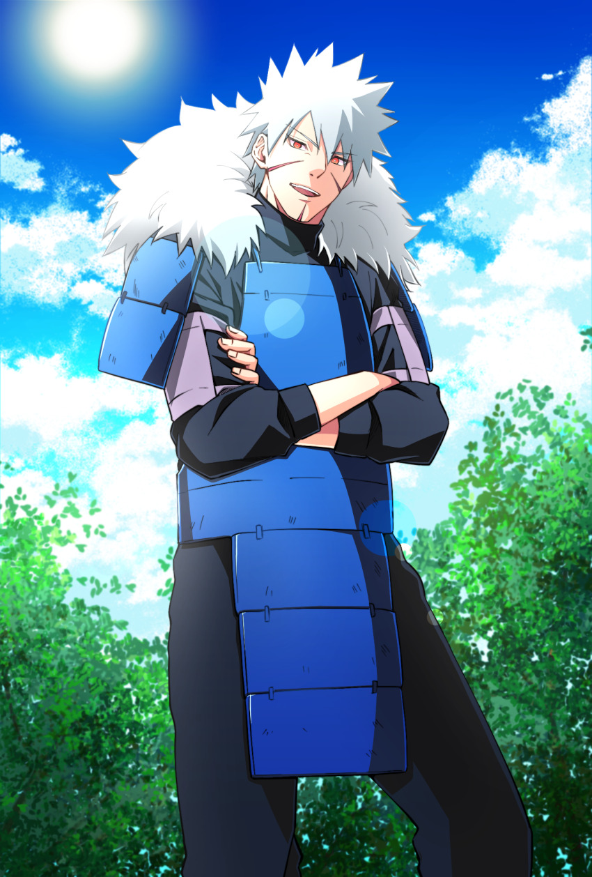1boy armor black_pants blue_sky cloud crossed_arms feet_out_of_frame fingernails fur_collar highres kemu_(19002265km) male_focus naruto_(series) open_mouth outdoors pants scar scar_on_face senju_tobirama sky solo spiked_hair sun teeth upper_teeth_only white_hair