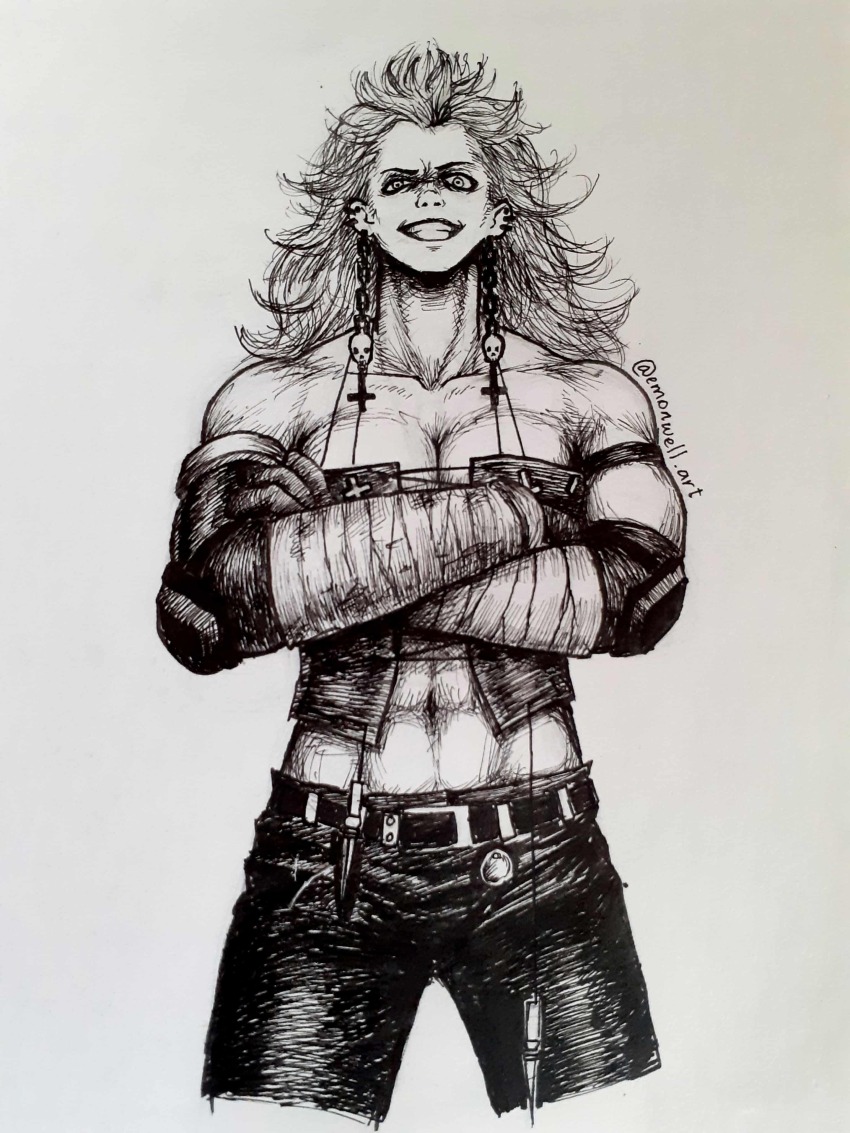 absurdres black_corset chain corset cross dorohedoro ear_chain earrings emonwell highres inverted_cross jewelry leather leather_pants muscular muscular_female noi_(dorohedoro) pants skull