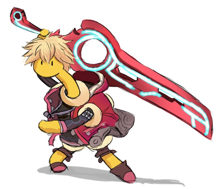 blonde_hair commentary cosplay dapuffster english_commentary full_body gen_2_pokemon glowing glowing_weapon holding holding_behind_back holding_weapon holding_weapon_behind_back jacket monado name_connection nintendo no_humans pokemon pokemon_(creature) pokemon_focus red_jacket short_hair shuckle shulk_(xenoblade) shulk_(xenoblade)_(cosplay) simple_background sketch solid_oval_eyes solo super_smash_bros. weapon white_background xenoblade_chronicles_(series) xenoblade_chronicles_1
