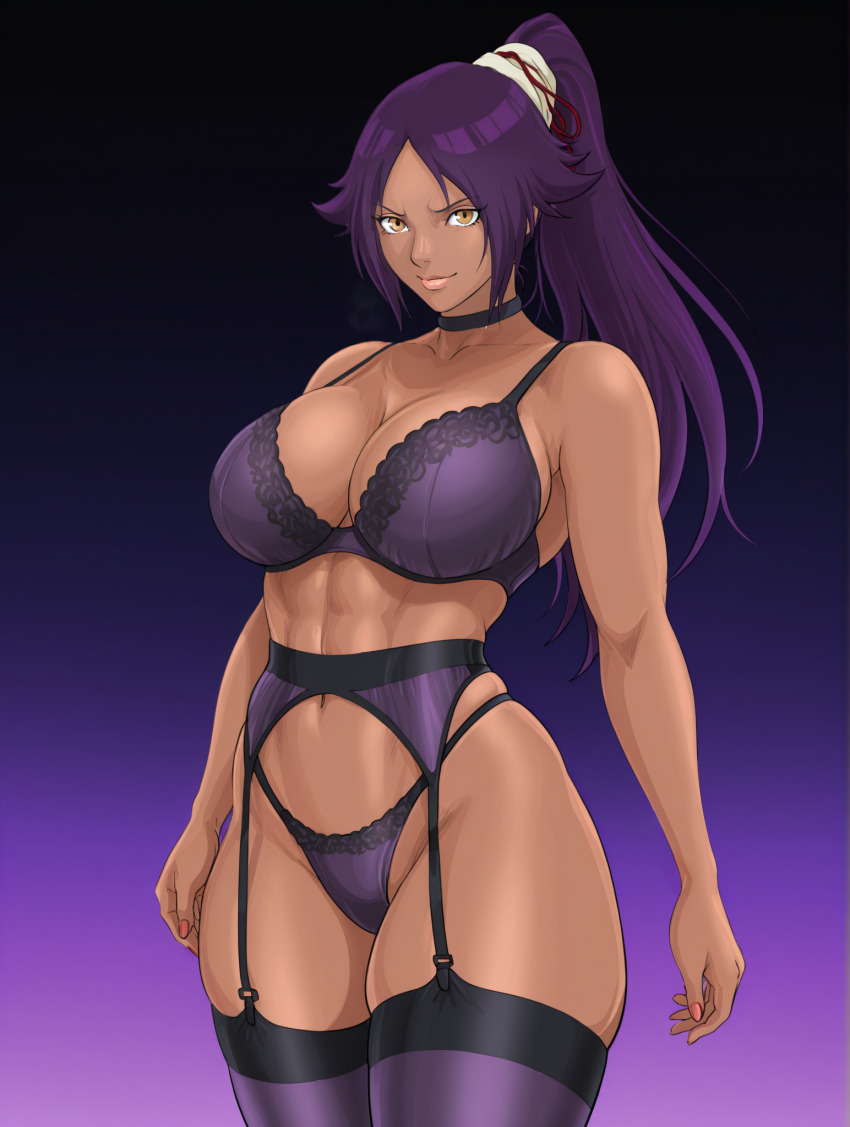 1girl abs bare_shoulders bleach breasts choker collarbone dark-skinned_female dark_skin female_focus garter_straps hair_ornament highres kamegallery large_breasts lingerie lips long_hair navel parted_bangs ponytail purple_hair shihouin_yoruichi shiny_skin simple_background solo standing toned toned_female underwear yellow_eyes