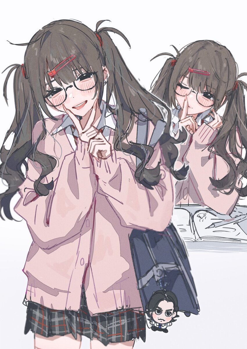 1girl bag_charm blush brown_hair cardigan charm_(object) collared_shirt commentary fingernails glasses hair_ornament hairclip hamafugu hand_on_own_chin head_tilt highres long_hair looking_at_viewer multiple_views nail_polish open_mouth original pink_cardigan pink_nails plaid_clothes plaid_skirt pleated_skirt school_uniform shirt simple_background sketch skirt tongue tongue_out twintails white_background white_shirt