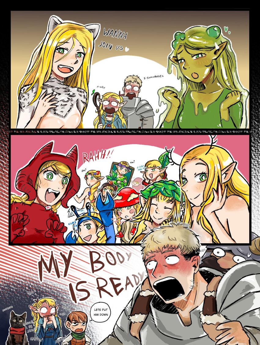 2girls 3boys 6+girls alternate_costume among_us anger_vein armor blonde_hair blush bright_pupils brown_hair cat chilchuck_tims comic cosplay crewmate_(among_us) crewmate_(among_us)_(cosplay) crossover demon_girl dryad dungeon_meshi elf english_text golem_(dungeon_meshi) gorget green_eyes highres izutsumi laios_touden long_hair marcille_donato marcille_donato_(scylla) meme mimic_(dungeon_meshi) monster_girl multiple_boys multiple_girls multiple_persona my_body_is_ready odd_onion open_mouth pointy_ears red_dragon_(dungeon_meshi) red_dragon_(dungeon_meshi)_(cosplay) reggie_fils-aime restrained sensei_(blue_archive) short_hair slime_(creature) slime_girl smile succubus_(dungeon_meshi) walking_mushroom_(dungeon_meshi) walking_mushroom_(dungeon_meshi)_(cosplay) white_pupils