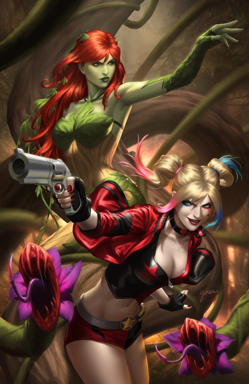 2girls batman_(series) black_bustier black_gloves black_jacket black_shorts blonde_hair blue_eyes breasts bustier colored_skin dc_comics ejikure fingerless_gloves gloves green_skin gun handgun harley_quinn harley_quinn_(2016_outfit) highres holding holding_gun holding_weapon jacket long_hair medium_breasts multicolored_jacket multiple_girls navel open_clothes open_jacket plant_clothing poison_ivy red_hair red_jacket red_nails red_shorts short_shorts shorts twintails two-tone_jacket two-tone_shorts weapon