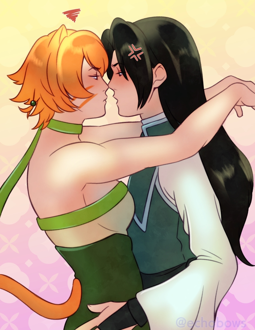 1boy 1girl alternate_eye_color animal_ears annoyed arms_around_neck bare_shoulders beads black_hair blush breasts cat_ears cat_girl cat_tail choker collar commission commissioner_upload echobows face-to-face facial_mark fire_emblem fire_emblem:_path_of_radiance fire_emblem:_radiant_dawn green_choker green_collar hair_beads hair_ornament highres holding_another&#039;s_waist imminent_kiss laguz_(fire_emblem) lethe_(fire_emblem) medium_breasts nintendo noses_touching orange_hair orange_tail robe sleeveless soren_(fire_emblem) soren_(radiant_confidant)_(fire_emblem) tail whisker_markings