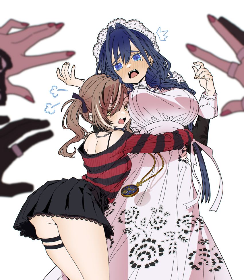 @_@ ^^^ apron ass black_bow black_choker black_gloves black_hair black_nails black_skirt black_sweater blue_eyes blue_hair blush bow braid breasts brown_eyes brown_hair choker cowboy_shot dress fingernails furrowed_brow gloves hair_bow hair_over_one_eye hakos_baelz highres hololive hololive_english hug irys_(hololive) irys_(irys_2.0)_(hololive) large_breasts long_hair looking_at_viewer maid maid_apron maid_headdress multicolored_hair multiple_thigh_straps nail_polish nanashi_mumei nanashi_mumei_(emo) official_alternate_costume official_alternate_hairstyle open_mouth ouro_kronii ouro_kronii_(maid) pleated_skirt pocket_watch raora_panthera red_sweater simple_background skirt small_breasts streaked_hair striped_clothes striped_sweater sweater taka_t teeth thigh_strap twintails upper_teeth_only virtual_youtuber waist_hug watch white_apron white_background white_hair white_headdress
