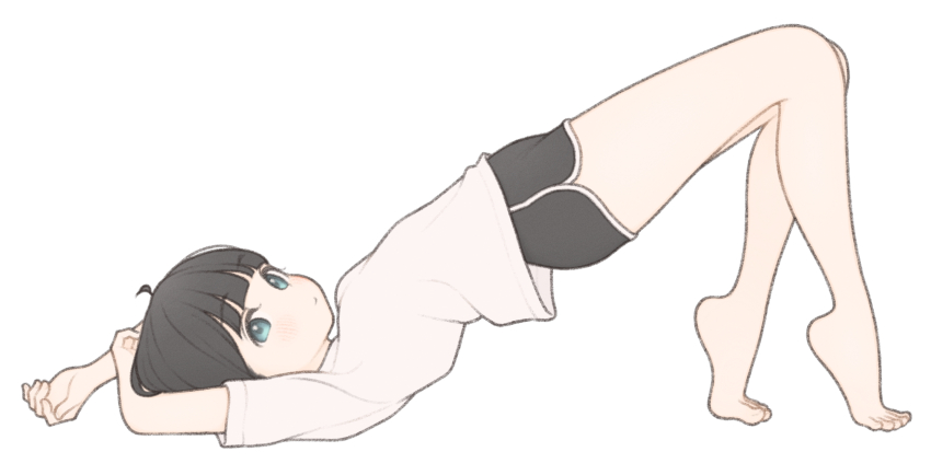 1girl 1ssakawaguchi absurdres ahoge arched_back arms_up barefoot black_shorts brown_hair dolphin_shorts feet from_side grey_eyes highres ichika_(1ssakawaguchi) legs light_blush looking_at_viewer original shirt short_hair short_shorts short_sleeves shorts simple_background solo t-shirt thighs tiptoes toes top-down_bottom-up white_background white_shirt