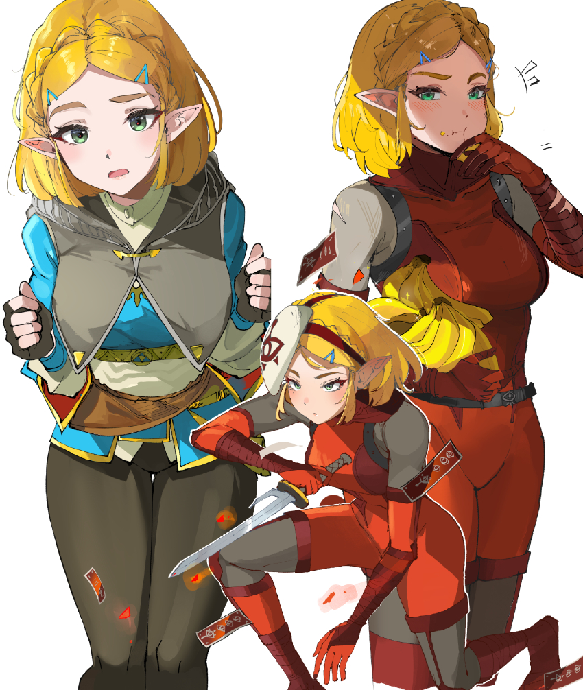 1girl absurdres alternate_costume blonde_hair bodysuit braid breasts commentary cosplay english_commentary green_eyes hair_ornament hairclip highres looking_at_viewer mask unworn_mask medium_breasts nintendo official_alternate_costume official_alternate_hair_length official_alternate_hairstyle ormille parted_bangs pointy_ears princess_zelda red_bodysuit short_hair sidelocks skin_tight the_legend_of_zelda the_legend_of_zelda:_tears_of_the_kingdom yiga_clan yiga_clan_footsoldier yiga_clan_footsoldier_(cosplay)