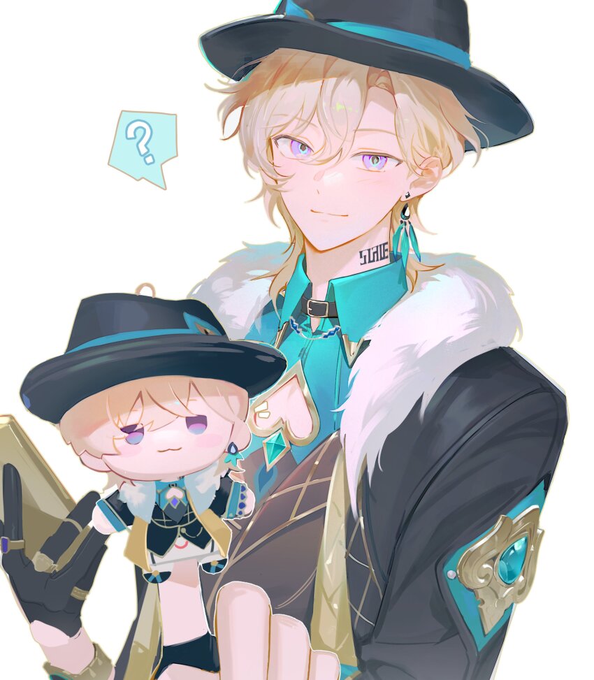 1boy ? absurdres ace_(playing_card) ace_of_spades aqua_shirt aventurine_(honkai:_star_rail) azsxstar black_gloves blonde_hair card character_doll clothing_cutout collared_shirt doll earrings fur_trim gloves hair_between_eyes hat highres holding holding_doll holding_phone honkai:_star_rail honkai_(series) jacket jewelry looking_at_viewer male_focus mihoyo multicolored_eyes neck_tattoo pectoral_cleavage pectorals phone playing_card shirt short_hair simple_background smile solo_focus spade_(shape) spade_cutout tattoo two-tone_eyes white_background