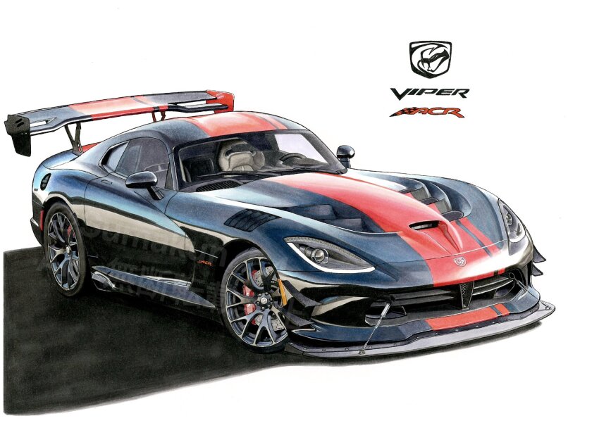 artist_name black_car car dodge_(company) dodge_viper highres marker_(medium) motor_vehicle original shadow simple_background spoiler_(automobile) sports_car sumakun traditional_media vehicle_focus vehicle_name watermark white_background