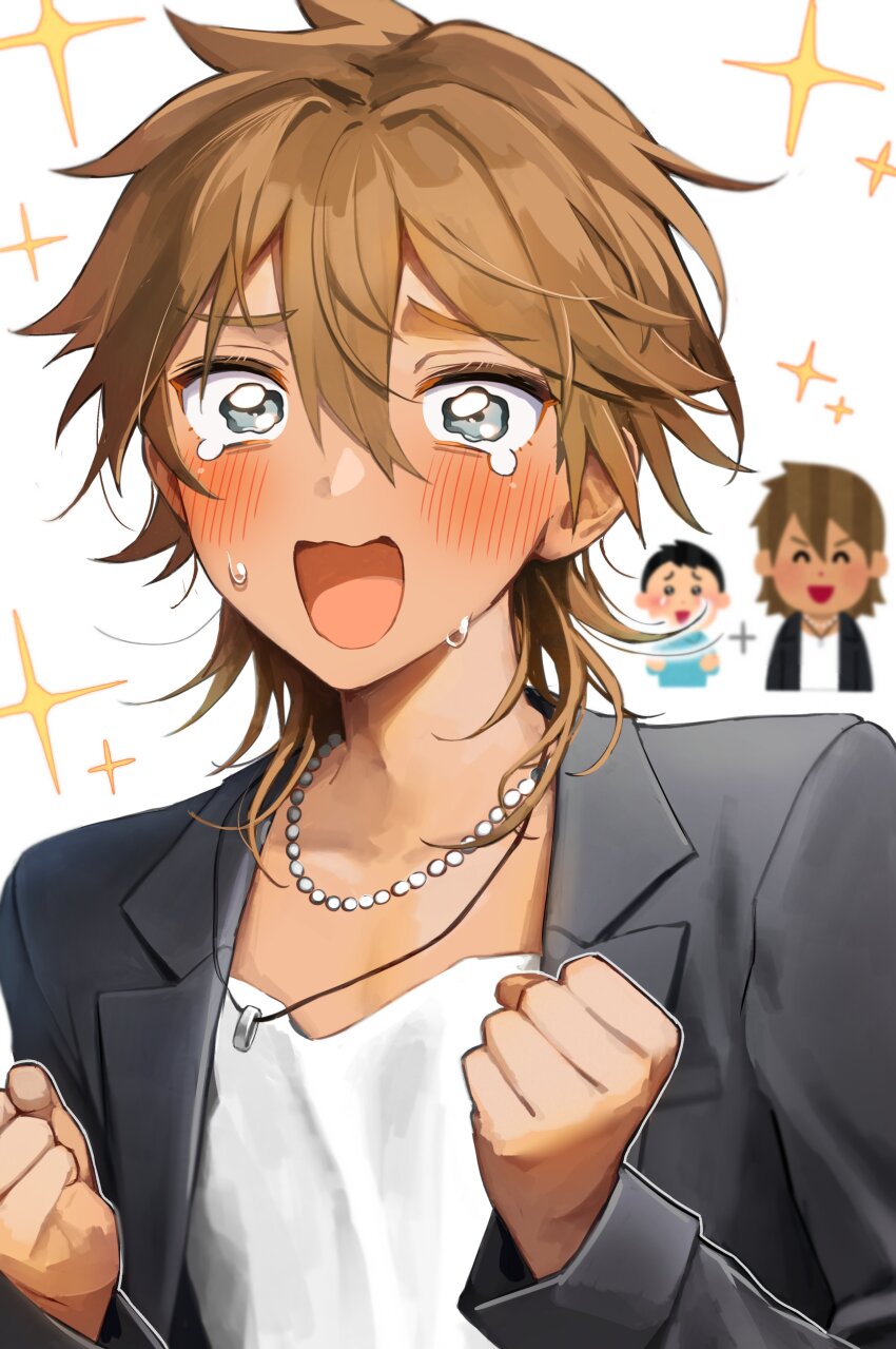 1boy absurdres aruminsuko bead_necklace beads black_jacket blue_eyes blush brown_hair clenched_hands commentary_request crying gyaruo highres irasutoya jacket jewelry male_focus necklace open_mouth reference_inset ring ring_necklace smile solo sparkle tan tears upper_body