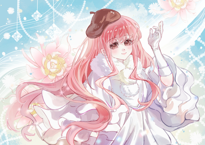 1girl absurdres beret blue_sky brown_eyes brown_hat chinese_commentary closed_mouth commentary_request cowboy_shot day dot_nose dress eyelashes flower frilled_sleeves frills fur_scarf gloves hand_up hat highres light_blush light_particles lipstick long_hair long_sidelocks long_sleeves looking_at_viewer loose_hair_strand makeup miracle_nikki nikki_(nikki) nikki_(series) outdoors pink_flower pink_hair pink_lips pom_pom_(clothes) qingxu scarf sidelocks sky smile solo standing very_long_hair wavy_hair white_dress white_gloves white_scarf wide_sleeves winter_angel_(miracle_nikki)